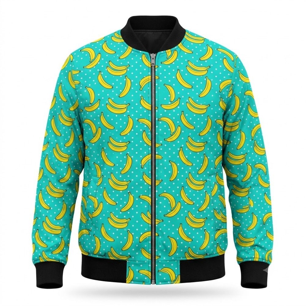 Teal bomber jacket with all-over yellow banana and polka dot print